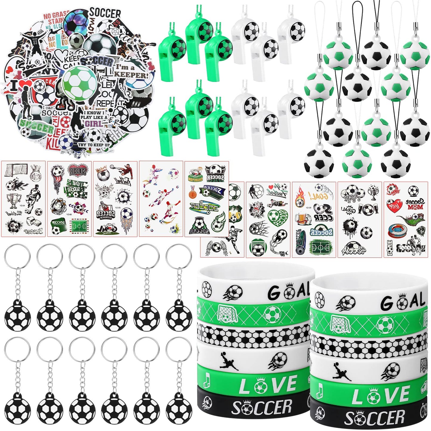 120 Pieces Soccer Party Favors Set, Soccer Goodie Bag Fillers, Soccer Toy Whistle Silicone Bracelet Luminous Tattoo Sticker Temporary Keychain For Soccer Birthday Party Supplies Decorations