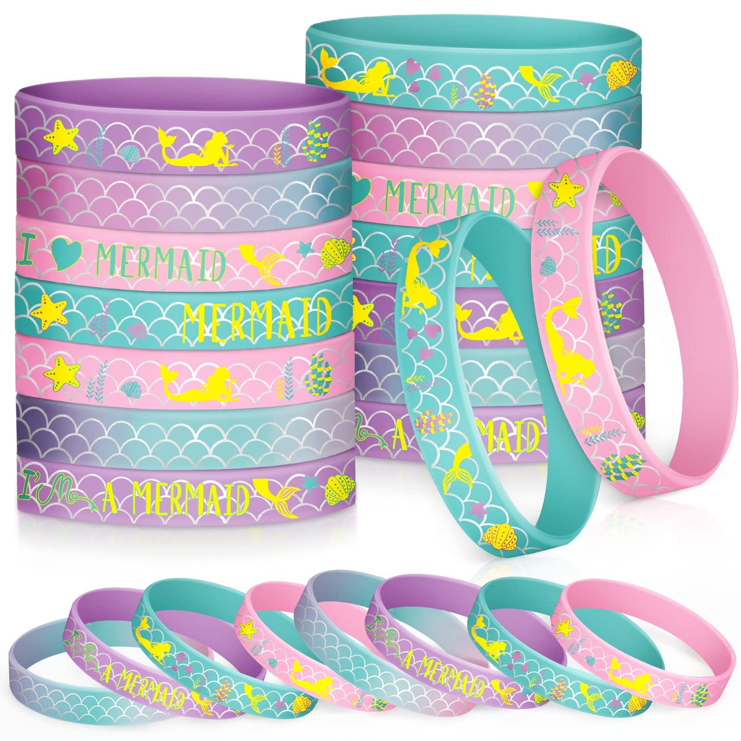 24 Pack Mermaid Silicone Wristband Mermaid Scale Bracelets I'm a Mermaid Wristband Mermaid Party Goody Bag Favors for Boys Girls