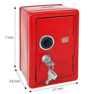 Kid Safe Piggy Bank, Metal Safe With Key, Money Saving Box For Children, Boys Girls Best Gift (Red- Rectangular)