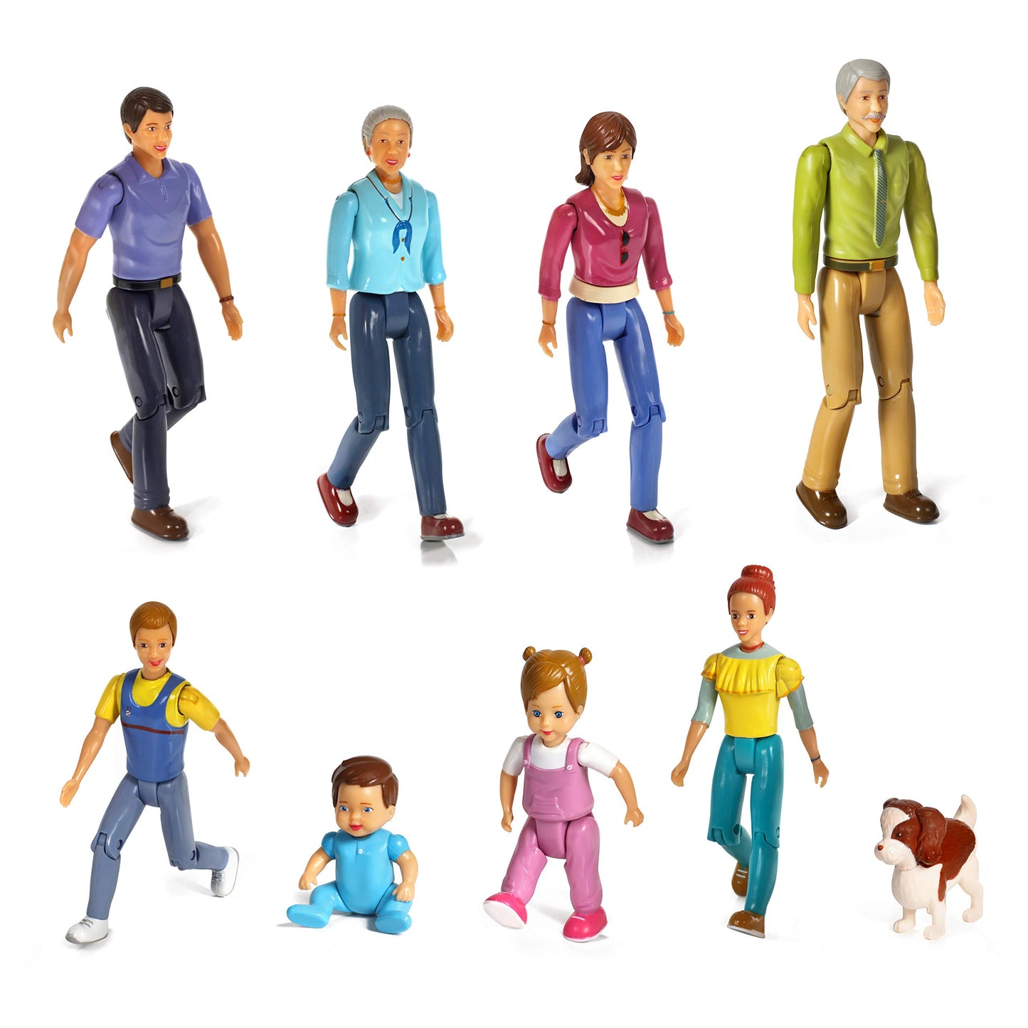 Beverly Hills Doll Collection Sweet Lil Family Friends Figures - New Addition Set Of 9 Dollhouse People - Grandma, Grandpa, Mom, Dad, Sister, Brother, Toddler, Baby And Dog