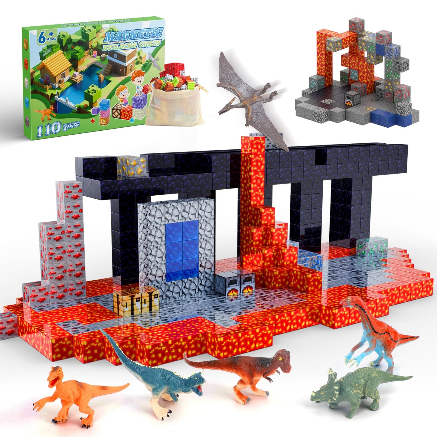 Dulsaera Magnetic Blocks 110Pcs With 6 Animal Toys, Volcano Building Blocks Set, Toys For Boys & Girls Age 6-8, Stacking Buildin