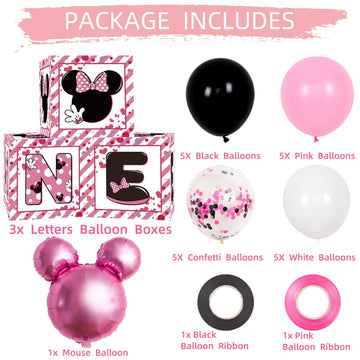 1St First Birthday Party Favors Balloon Boxes Supplies For Baby, Girls 3Pcs Pink Mouse Theme One Year Old Balloon Boxes, 'One' L