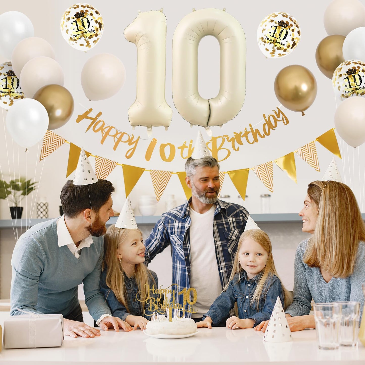 10Th Birthday Decorations Sand White Gold,10Th Birthday Balloons Beige Gold,Happy 10Th Birthday Banner With Cake Toppers Number