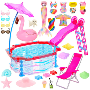 Doll Summer Pool Playset, Doll Glam Swimming Pool With Slide Accessories Includes Mermaid Swimsuit, Swimwear, Chair, Glasses, To