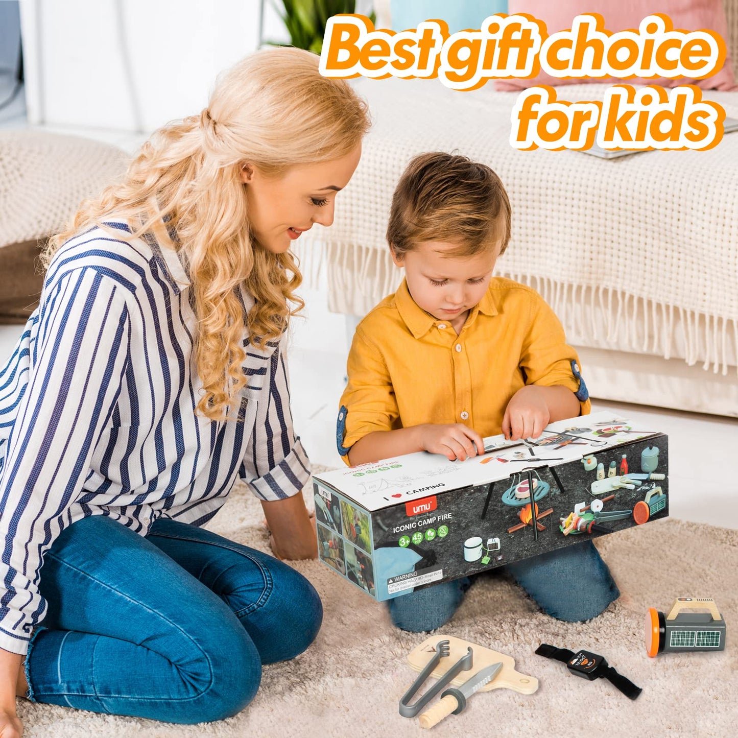 UMU Kids Camping Toys Set, Pretend Play with Campfire, Wooden Camping Playset Cutting Food for Play Kitchen Camping Gear for Kit