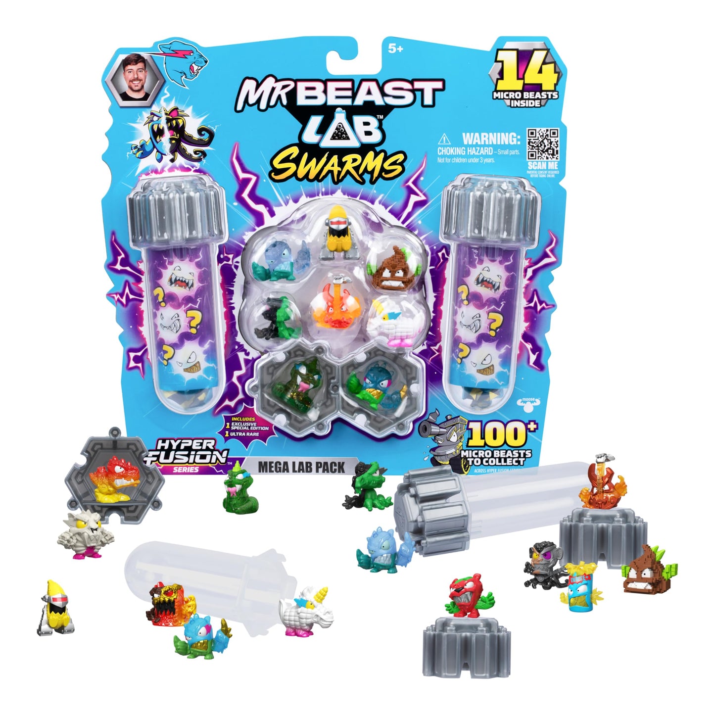 Mrbeast Lab Swarms Series 3, Hyper Fusion Series, 14 Pack Collectible Micro Beasts, 14 Collectible Stickers & 4 Fusion Caps To B