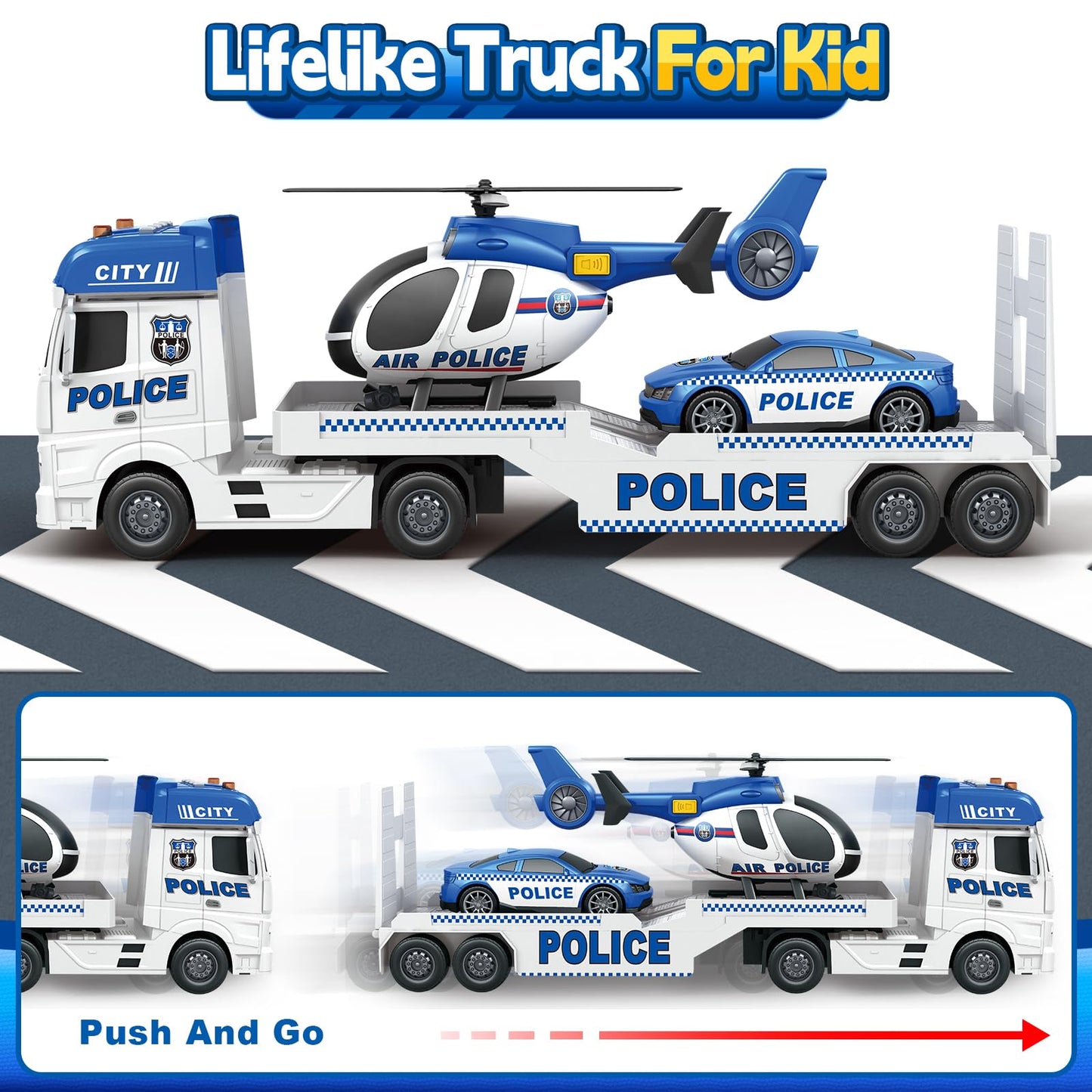 Bstoyder Toddler Boy Toys for 3 4 5 6 7 Years Old Kids, 25'' Semi Truck Toy with Racing Car and Helicopter, Friction Powered Pol