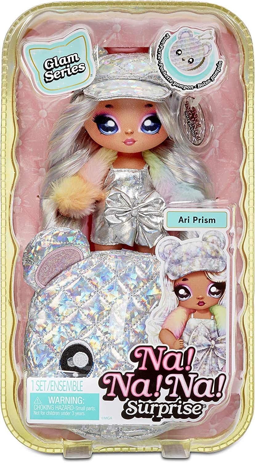 Na Na Na Surprise Glam Series Ari Prism Fashion Doll & Metallic Teddy Bear Purse, Cute Hat, Prismatic Silver Dress Outfit & Acce