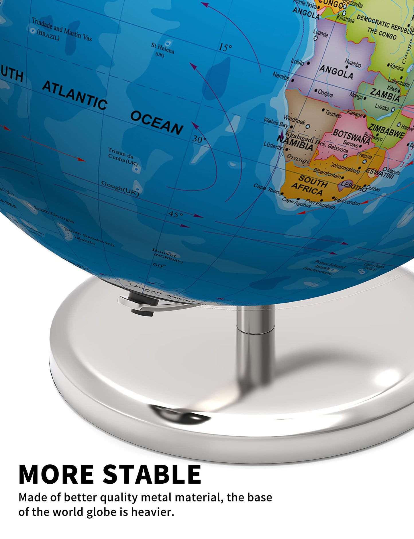 Waldauge Illuminated World Globe With Stand, 13'' Earth Globes With Stable Heavy Metal Base For Kids Classroom Learning, Led Con