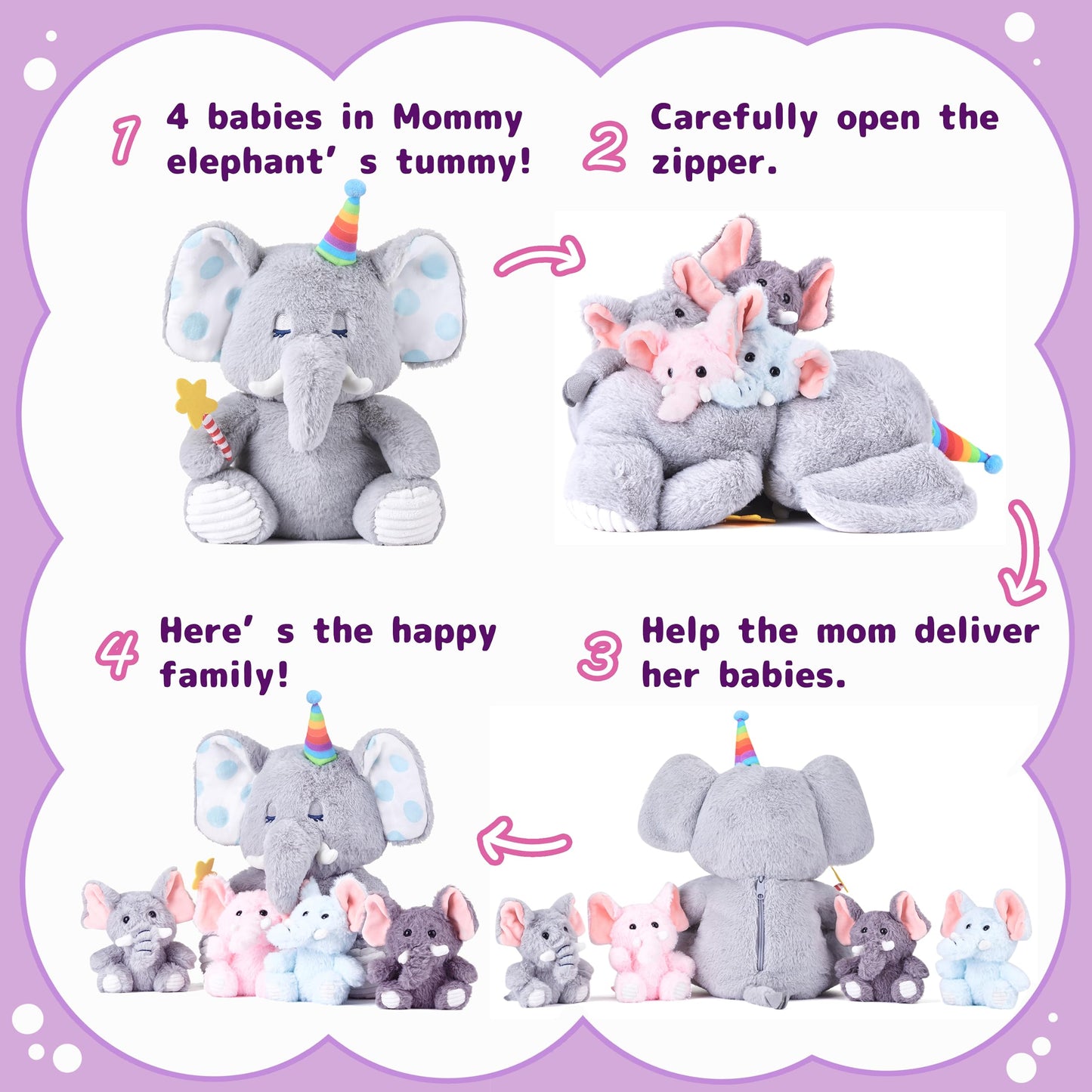 Earthsound Elephant Mom And Baby Stuffed Animal Mommy Plush Toy,16 Cute Small Mama Soft Toy With Little Babies,Family Set Gif