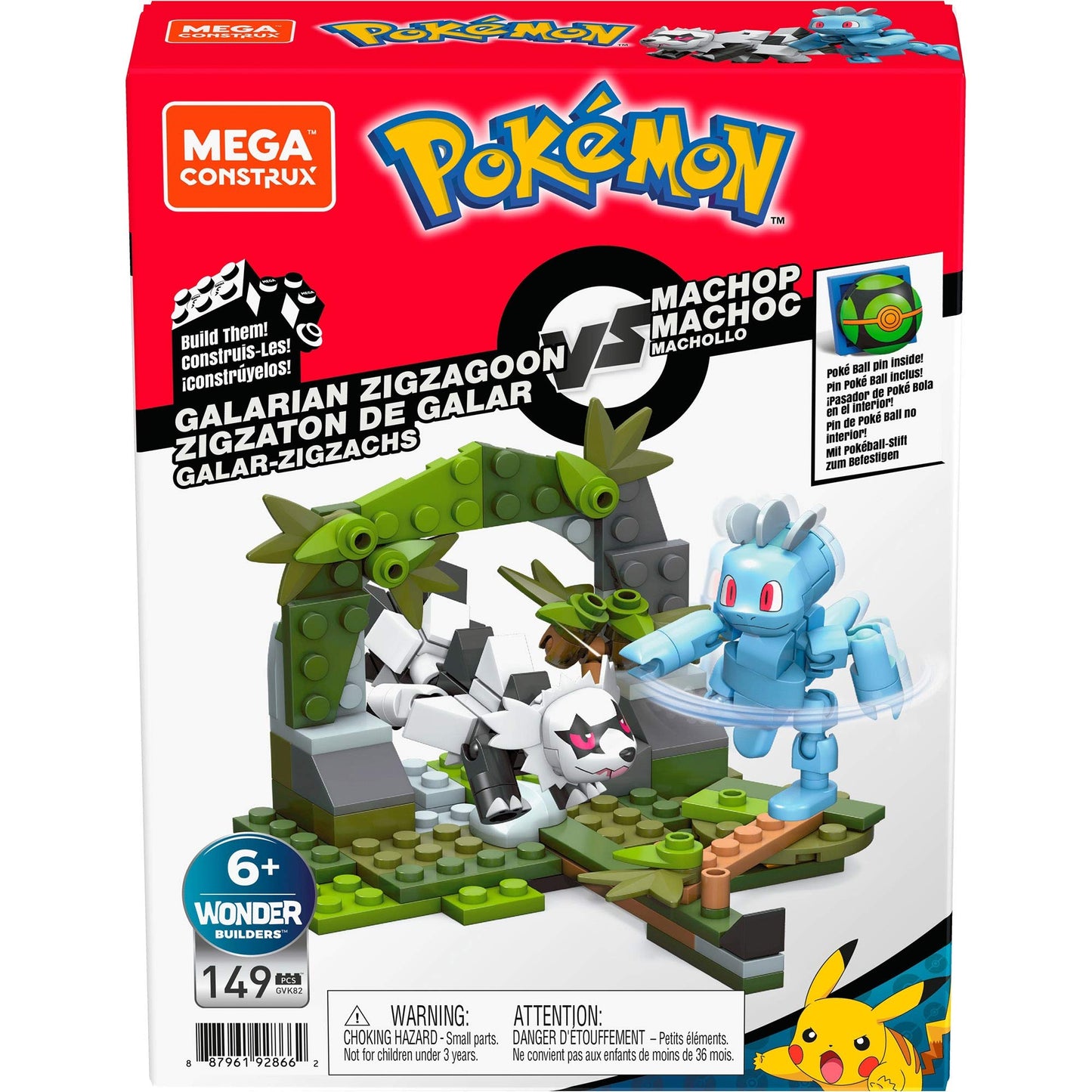 Mega Construx Pokemon Machop Vs. Galarian Zigzagoon Construction Set, Building Toys For Kids (Gvk82) , Red, 6 Years And Up