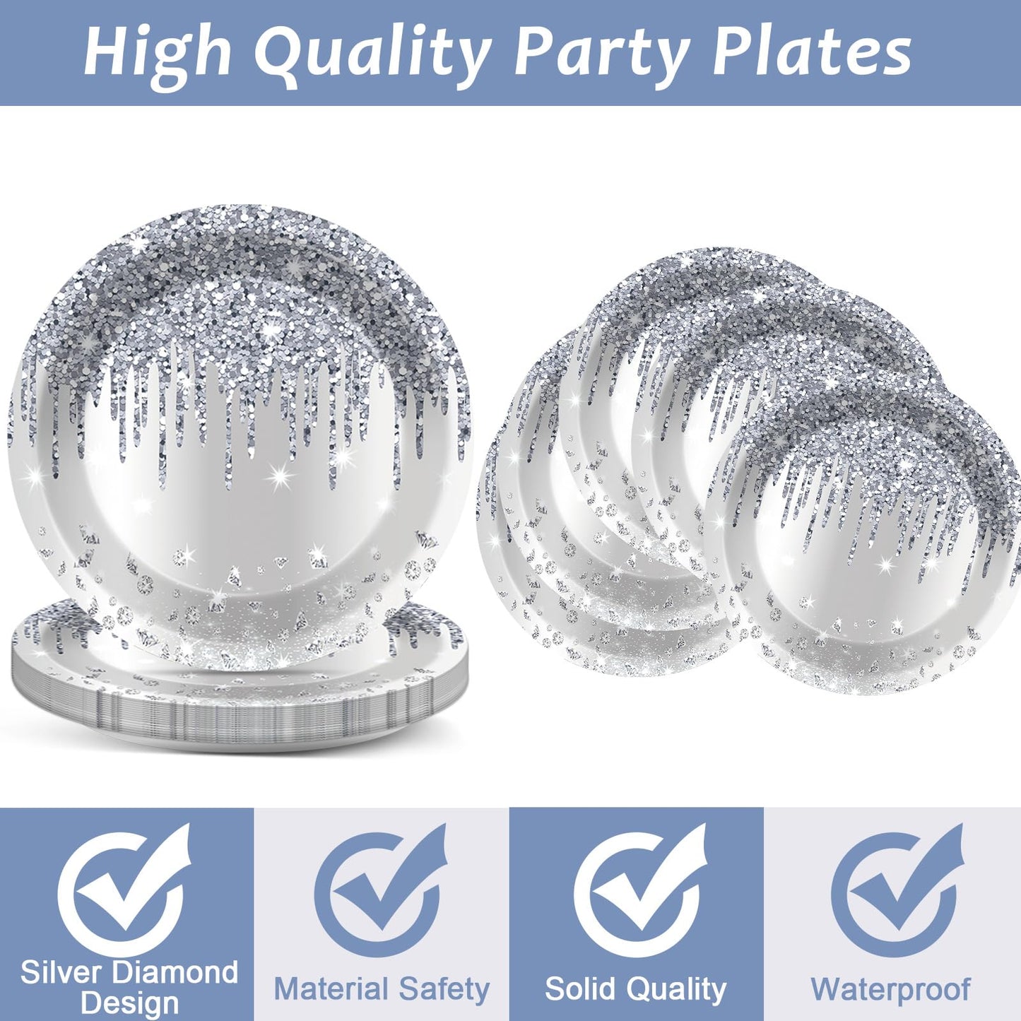 98 Pieces Silver Happy Birthday Decorations For 24 Guests Diamonds Silver Glitter Birthday Party Plates And Napkins Tablecloths Silver Birthday Tableware Set Baby Shower Wedding Party Favors