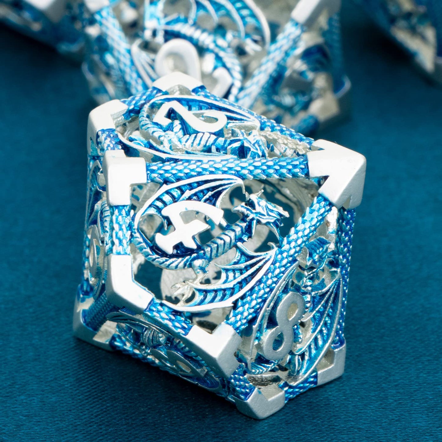 ARUOHHA Hollow DND Metal Dice Set 7 Pcs Blue D and D Dice for Dungeons and Dragons Role Playing Games D+D Polyhedral Dice RPG D&