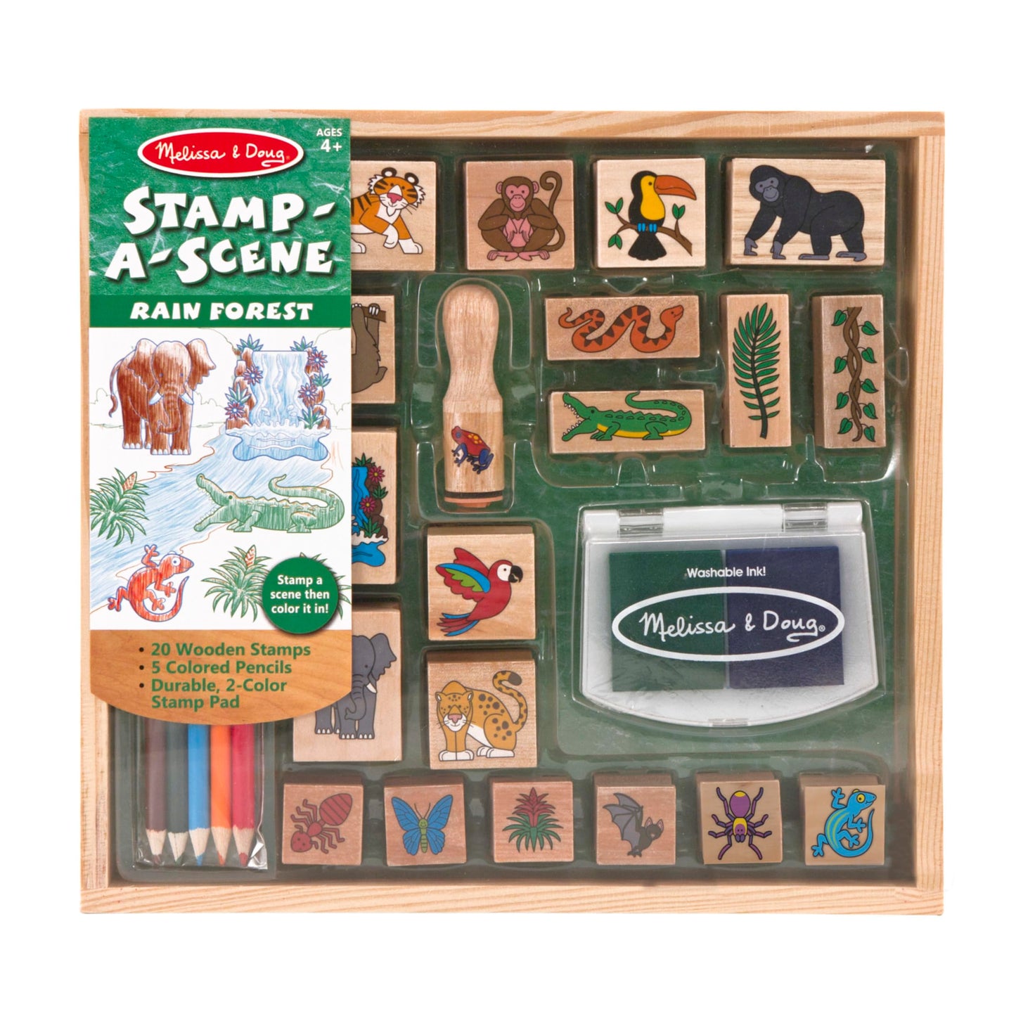 Melissa & Doug Stamp-A-Scene Stamp Set: Rain Forest - 20 Wooden Stamps, 5 Colored Pencils, And 2-Color Stamp Pad