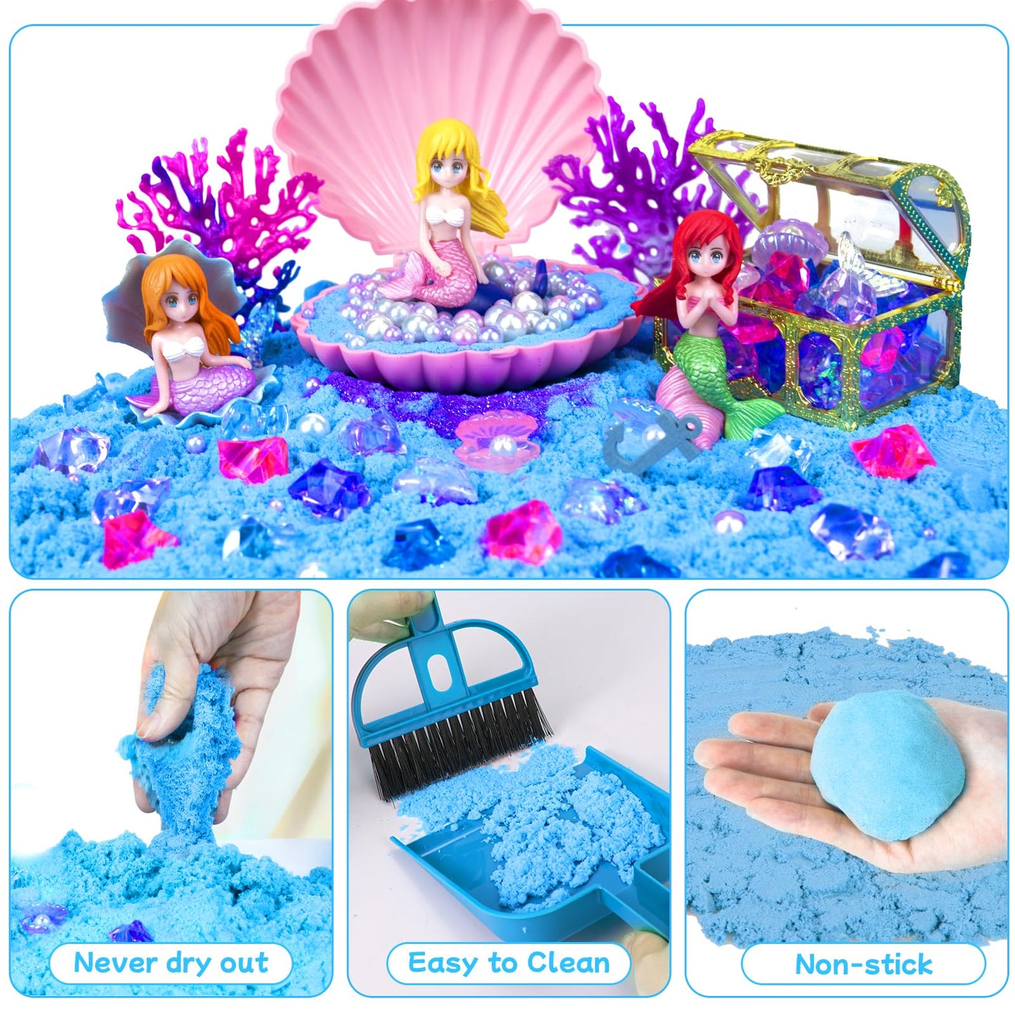 Mermaid Sensory Bin, Play Sand Art Kit with Sandbox & Accessories & Tools & Colorful Sea Shell Conch Starfish Gems Toys Set, Ind