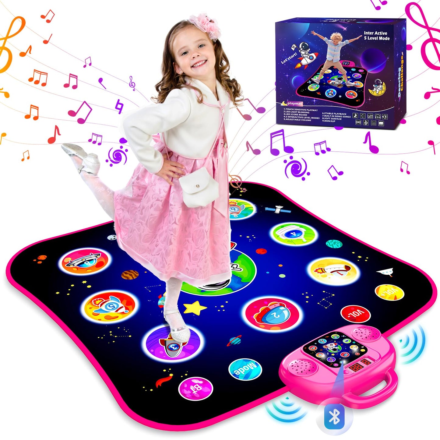 JAMLAMQ Pink Dance Mat Toys for Ages 5-12, Bluetooth Electronic Dance Pad for Kids, Perfect Birthday Gifts for Girls