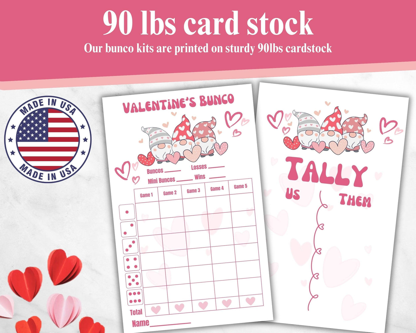 Bunco Valentine'S Day Theme Set. Gnome Vday Themed Bunco Game Kit Includes Score Sheet, Tally Sheet, Ghost Player, Bunco Card. F