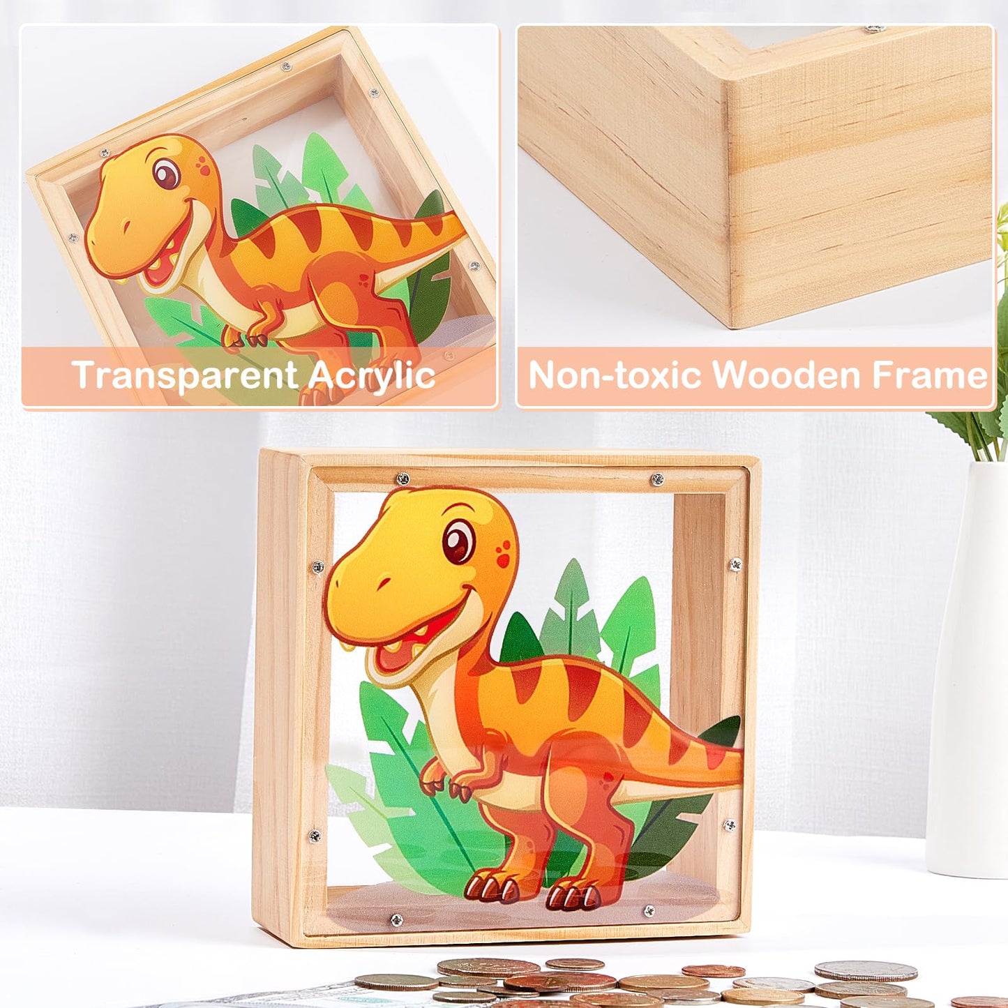 Piggy Bank For Kids, Wooden Money Coin Bank For Boys And Girls, Dinosaur Unicorn Piggy Banks With Diy Stickers For Birthday, Easter Gifts (Orange)