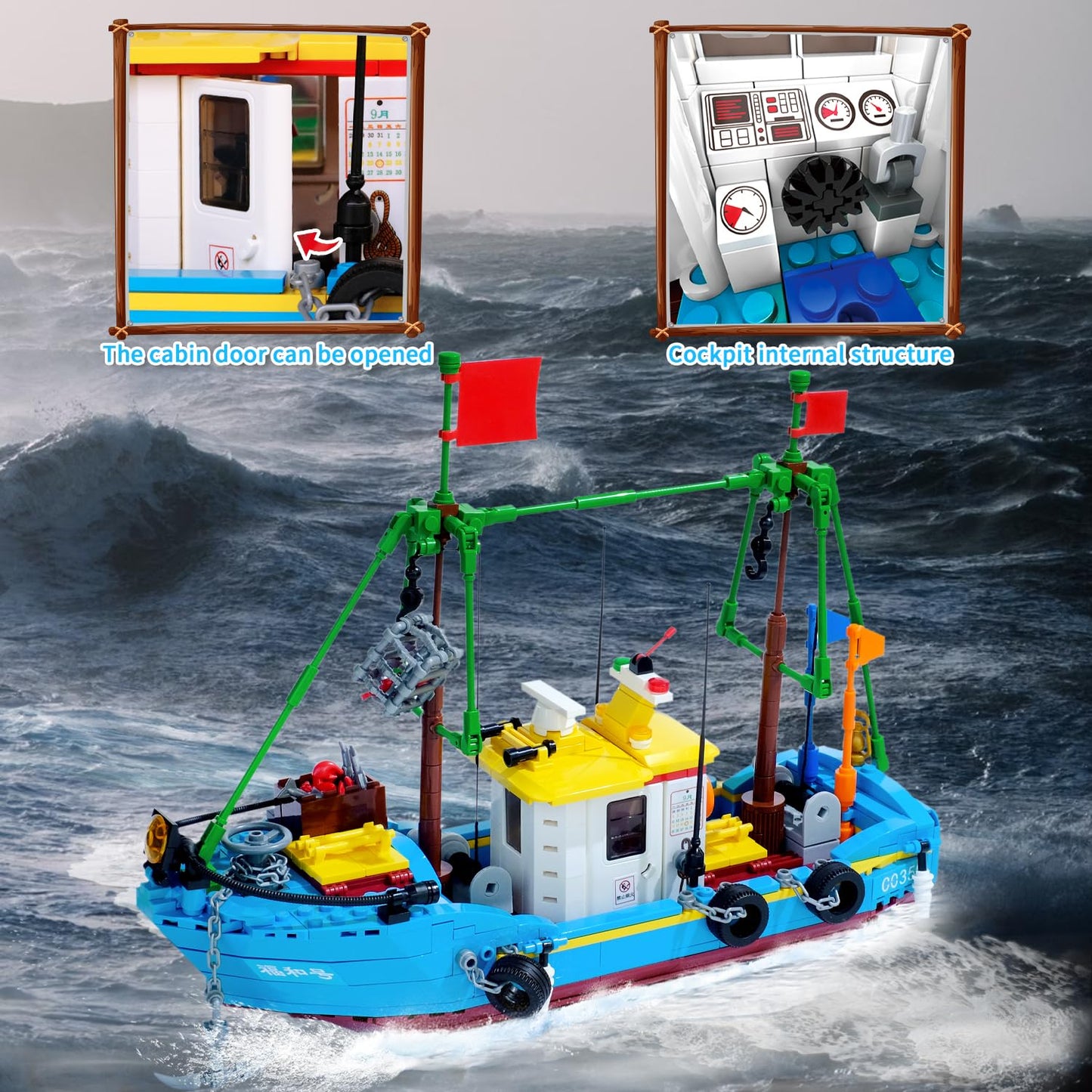Wvinvw Fishing Boat Building Blocks Sets, Pirate Ship Sea Fishing Building Block Toy Set Collection Show, Creative Gifts Toys Fo