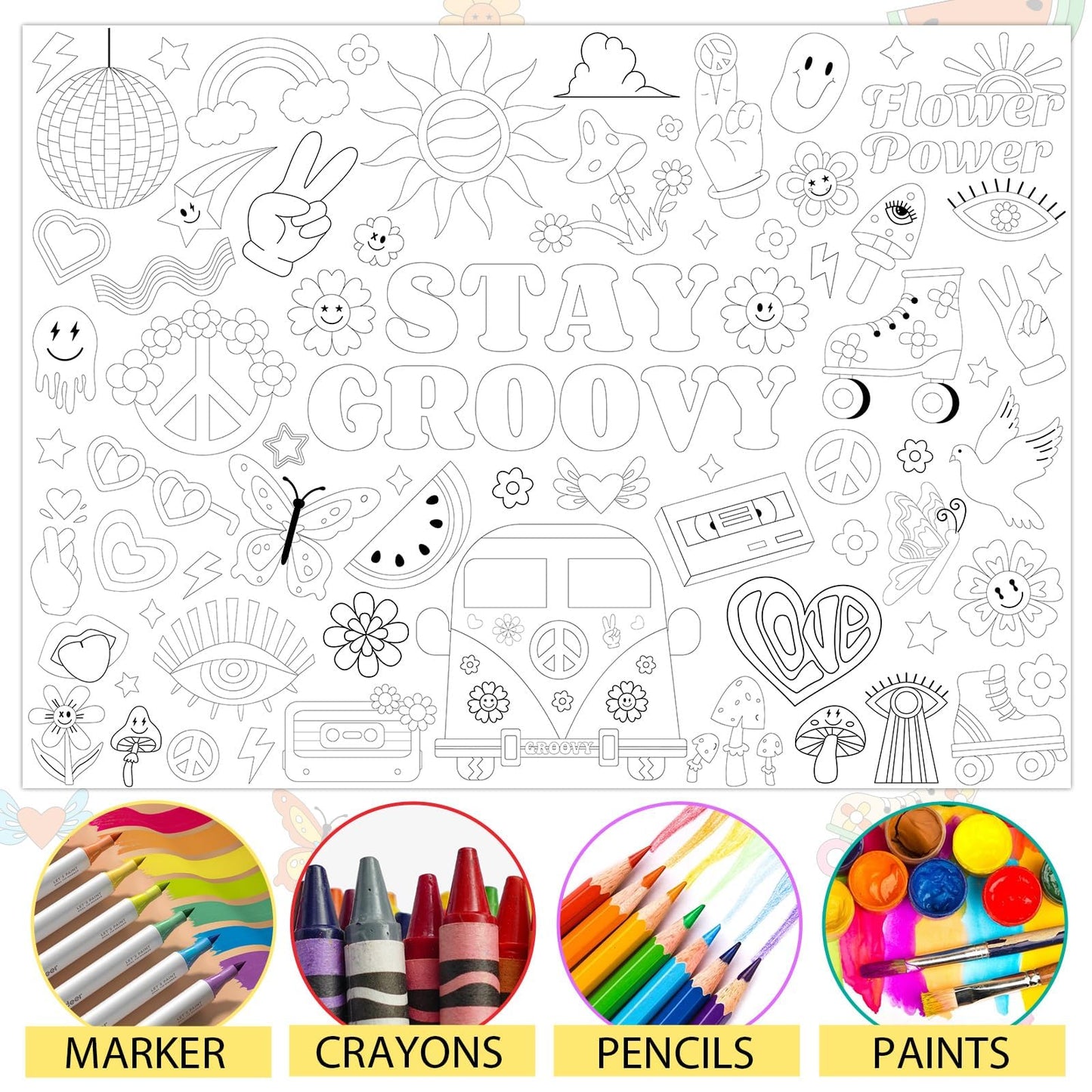 Naozinebi Groovy Coloring Poster For Kids Giant Coloring Poster Large Boho Hippie Coloring Tablecloth Jumbo Coloring Books For K