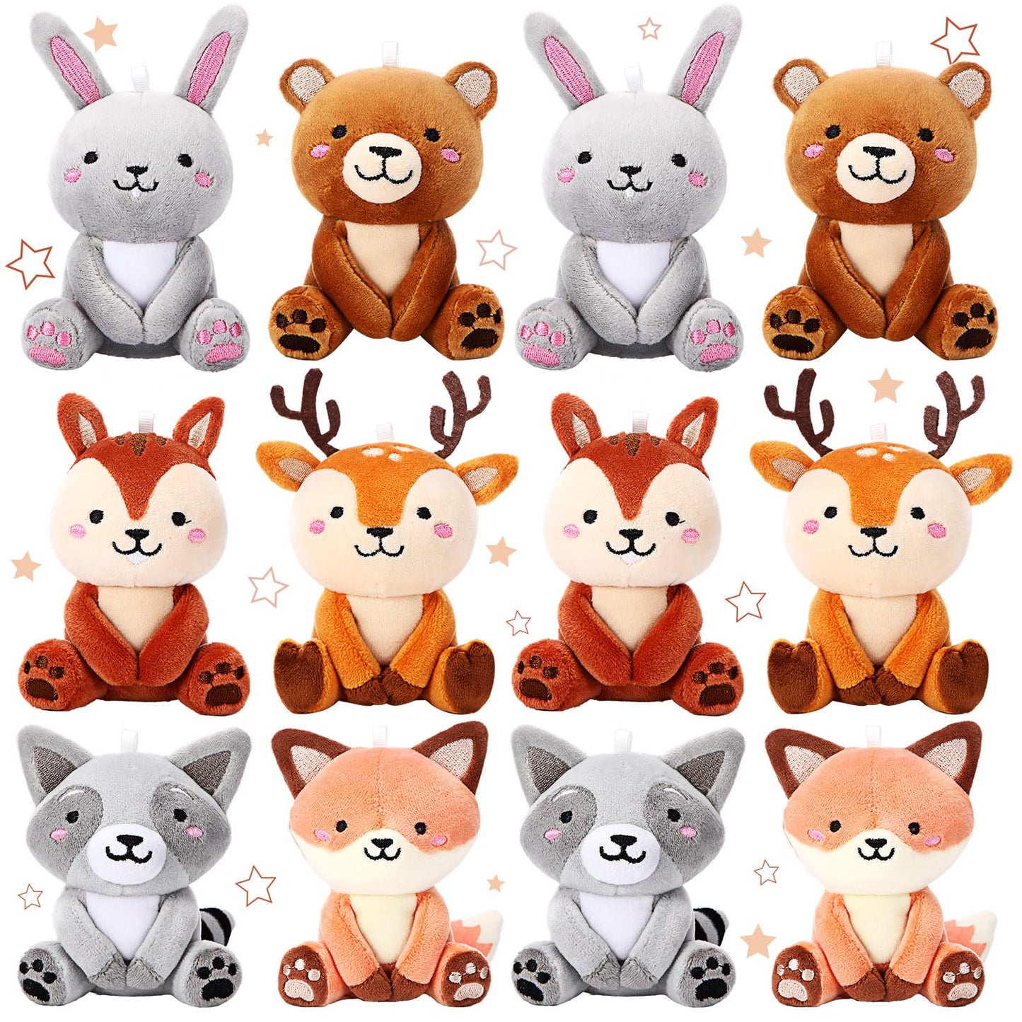 Suilung 12 Pcs Mini Stuffed Woodland Animals Plush Bulk 4 Inch Woodland Animals Cute Plush Bear Rabbit Squirrel Raccoon Fox Deer For Kids Birthday Easter Baby Shower Decor Gifts Classroom Prizes