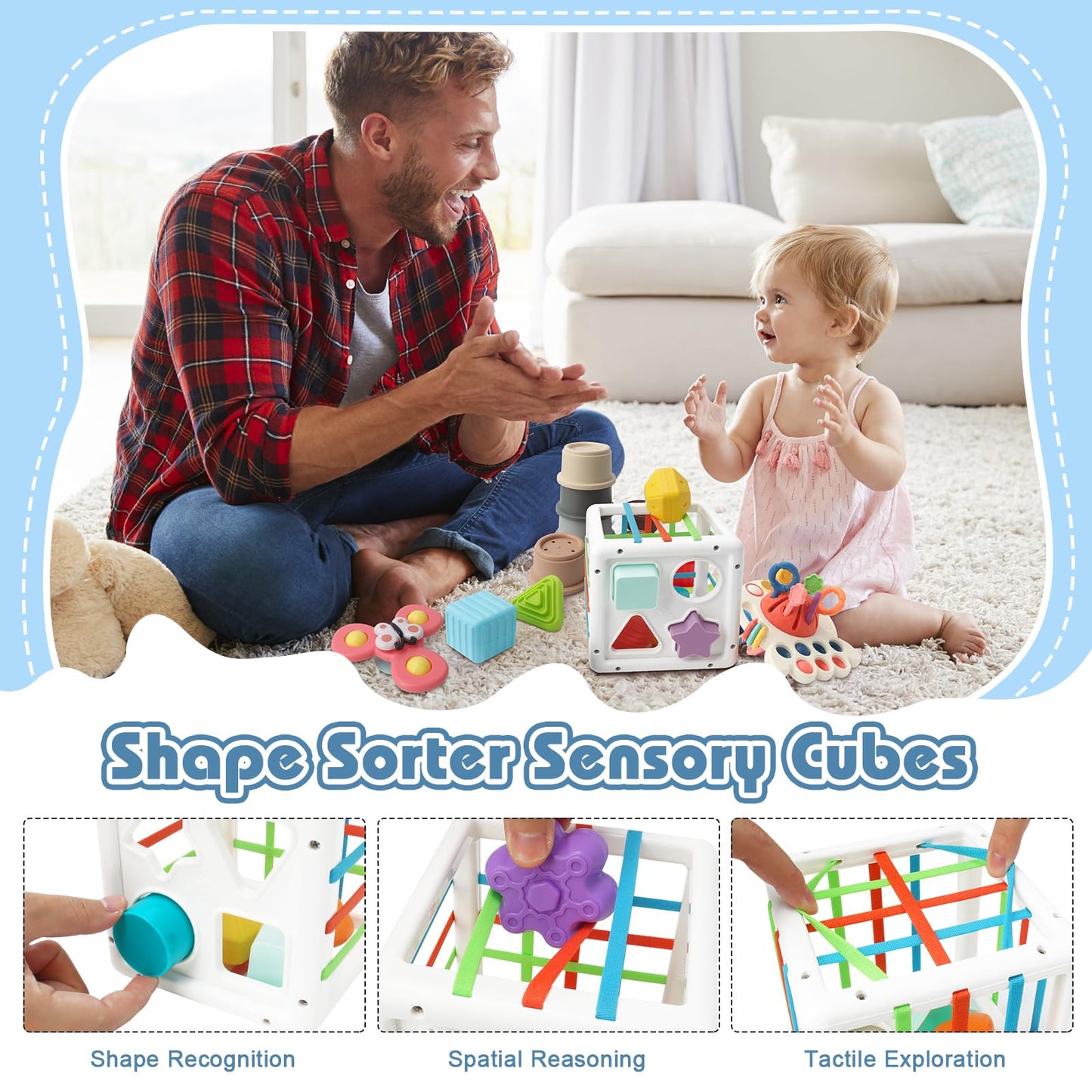 Epogg 6 In 1 Montessori Toys For Babies 6-12 Months Up - Incl Pull String Toy, Stacking Cups, Tissue Box, Suction Cup Spinner, S