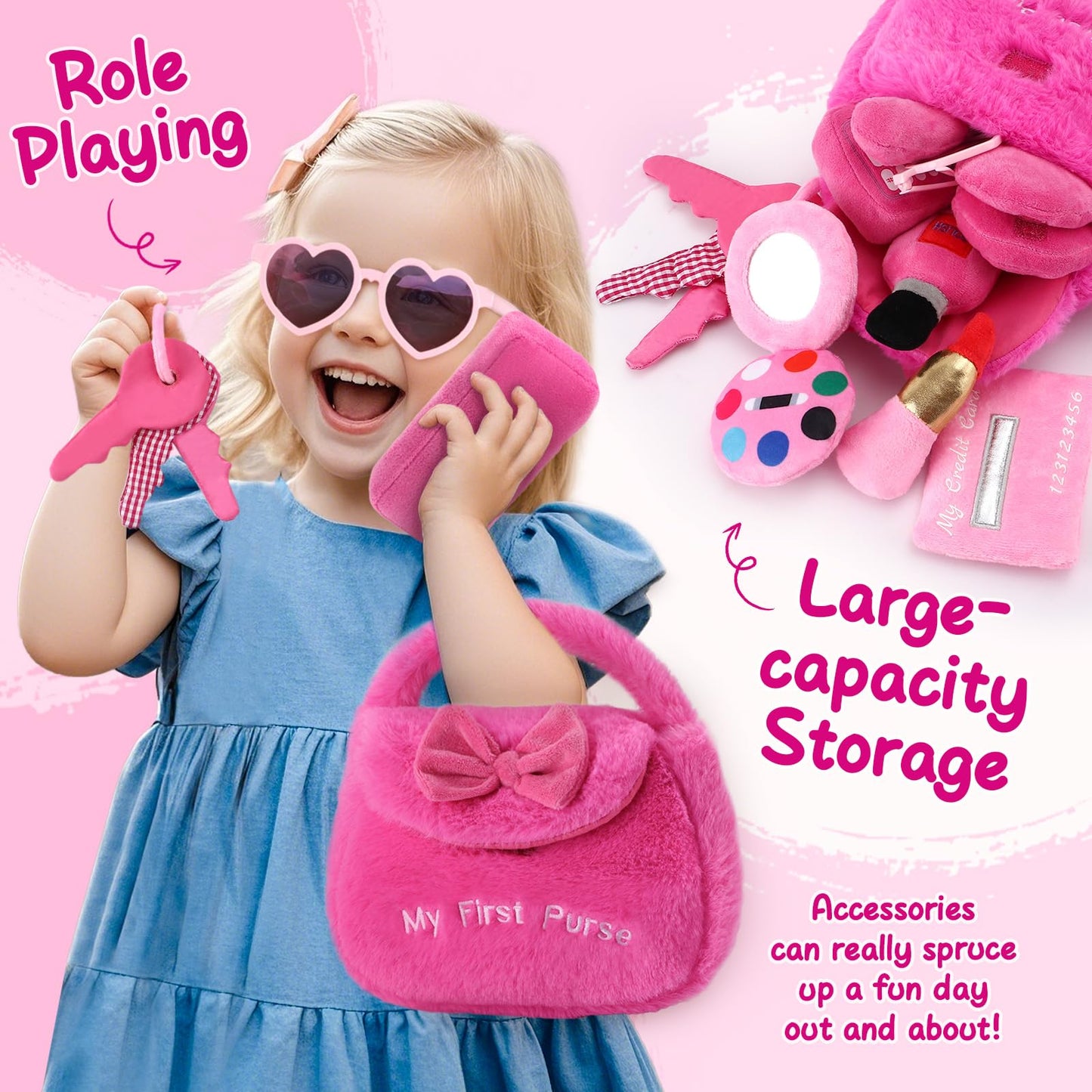 Golray Plush Toddler Purse Baby Girl Pretend Play Toy - 10 Pcs My First Purse With Soft Sensory Toy Smartphone/Crinkle Makeup Be