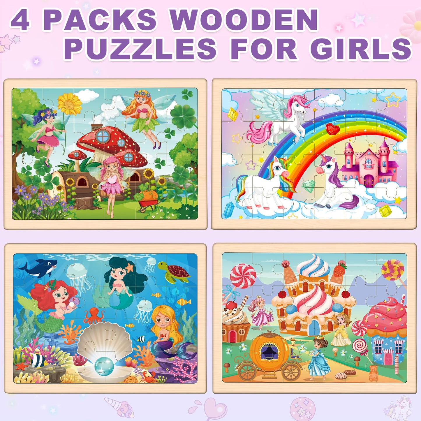 Princess Unicorn Mermaid Fairy Puzzles For Kids Ages 4-6, 4 Packs Wooden Jigsaw Puzzles For Toddlers Girls 2-4, Preschool Educat