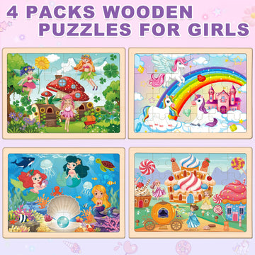 Princess Unicorn Mermaid Fairy Puzzles For Kids Ages 4-6, 4 Packs Wooden Jigsaw Puzzles For Toddlers Girls 2-4, Preschool Educat