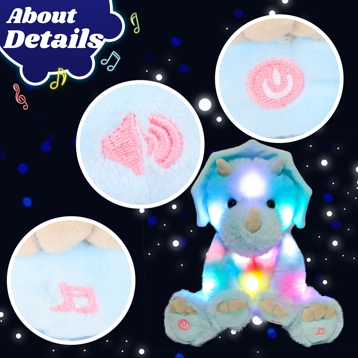 Cuteoy Blue Triceratops Led Musical Stuffed Animal Light-Up Singing Plush Dinosaur Adjustable Volume Lullaby Plushies Birthday Christmas Toy Gifts For Kids Toddler Girls, 13'