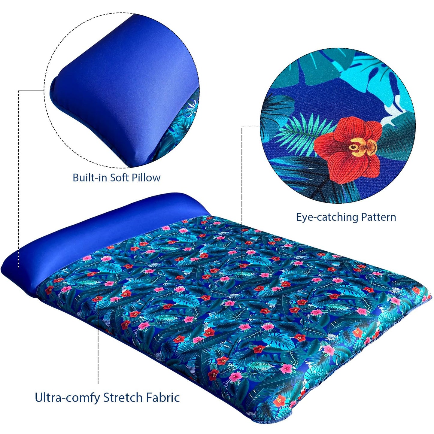 Finduwill Ultra Comfort Pool Floats Raft - 77'' Full Size Fabric Covered Inflatable Pool Lounger Mattress With Pillow For 2 Pers