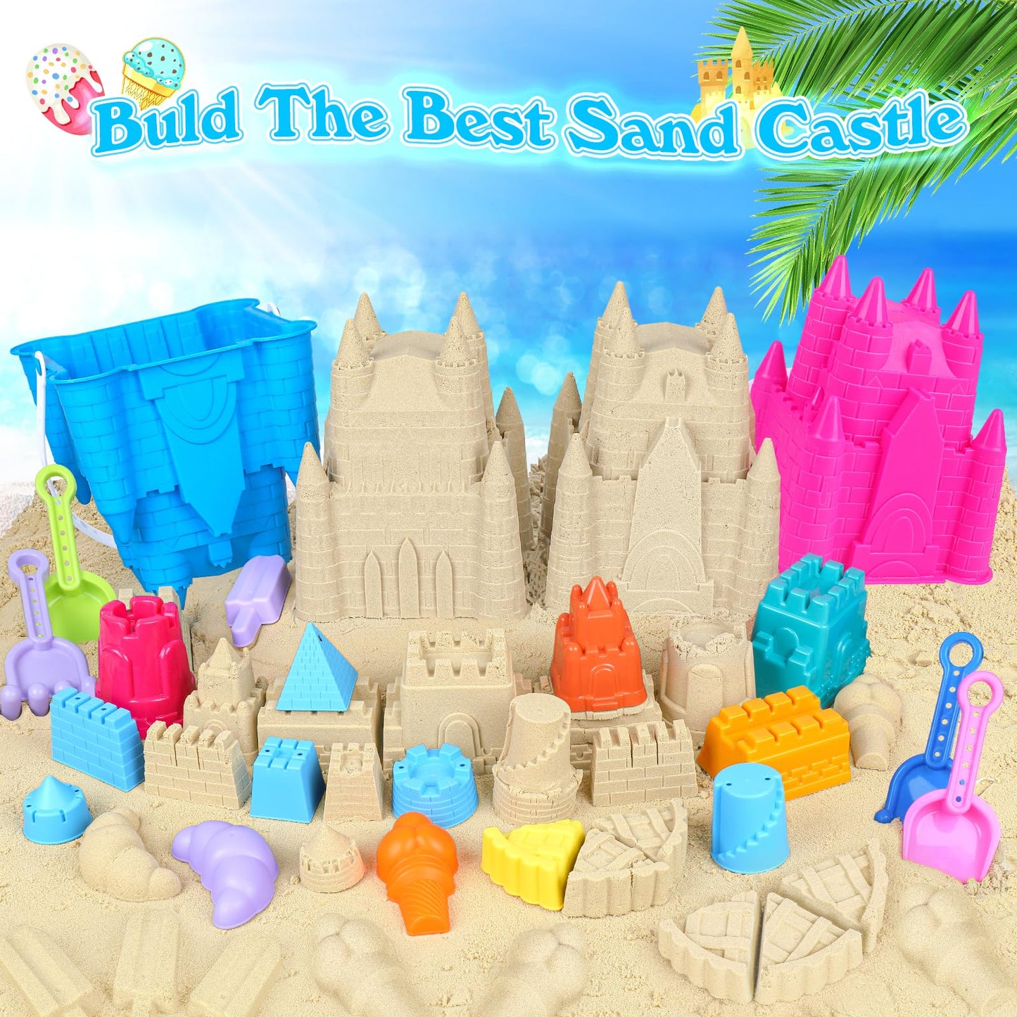 FUSPWEAO Beach Toys Sand Toys for Kids, Sand Castle Toys for Beach with 2 Sand Castle Bucket and Mesh Bag, Sand Molds, Shovels a