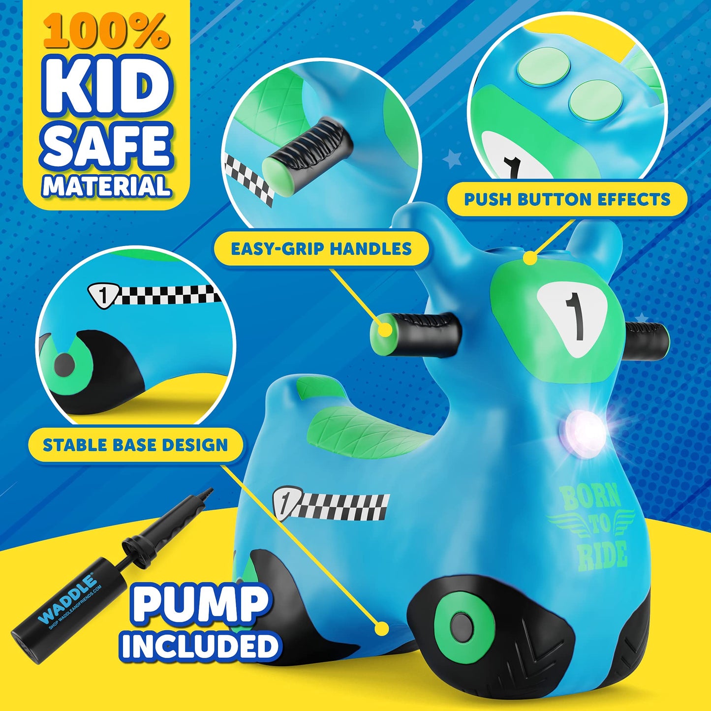 Waddle Bouncy Hopper Inflatable Hopping Animal Scooter, Indoors And Outdoor Toy For Toddlers And Kids, Pump Included, Boys And Girls Ages 2 Years And Up (Blue Zoomer)