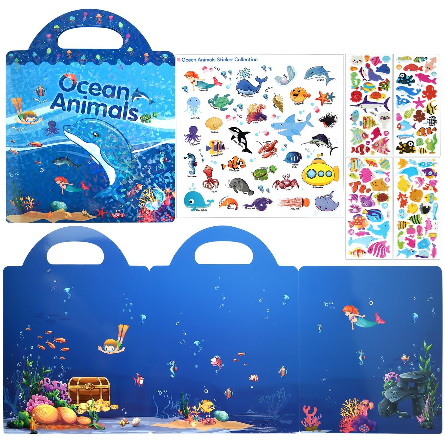 Astaron Reusable Sticker Book For Toddlers, 88 Pcs Ocean Stickers Road Trip Activities Car Airplane Activities Travel Toys For Kids, Kids Quiet Time Activities (2-6 Age)
