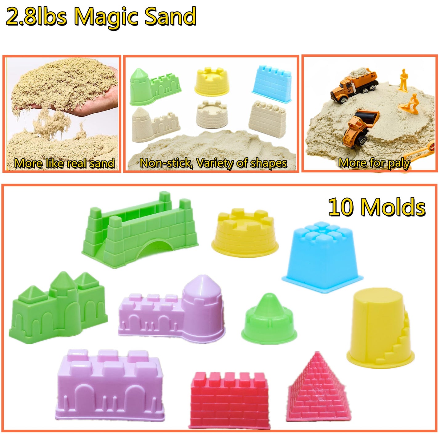 Fweir Play Construction Sand Kit,4 in1 Sandbox 2.8lbs Magic Sand 8 Alloy Construction Trucks 100 pcs Race Tracks 10 Sand Molds 1