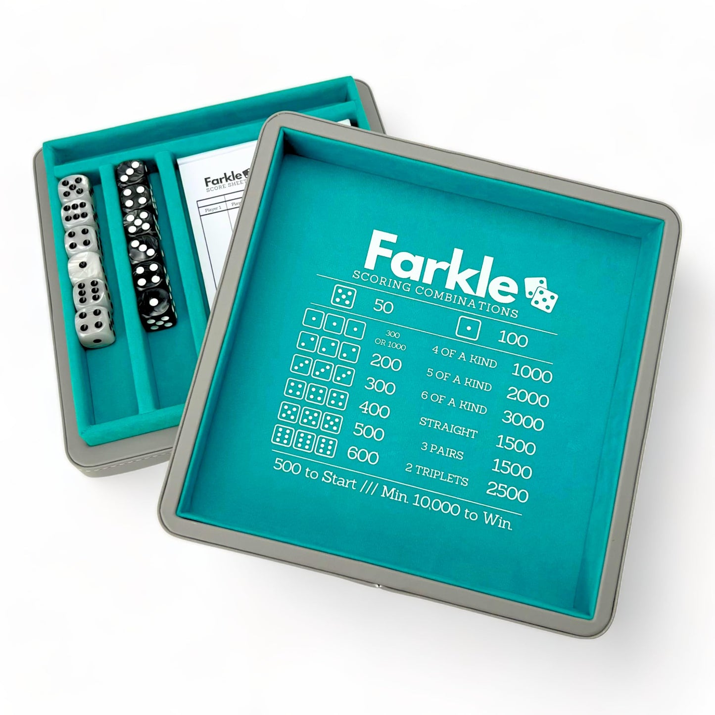 Luck Lab Farkle Dice Tray And Storage Case - Includes Embedded Scoring Combinations, 2 Sets Of 6 Pearl Dice, 40 Sheet Score Pad And Pen Holder For The Classic Family Game (Grey And Turquoise)