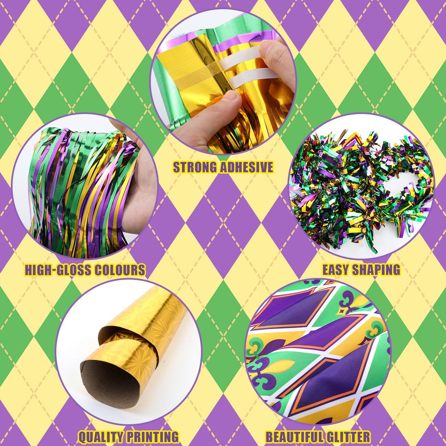 Saypacck 24 Pcs Mardi Gras Wagon Parade Float Decoration Kits Utility Folding Wagon Cart Carnival Decor Gold Green Purple Foil F