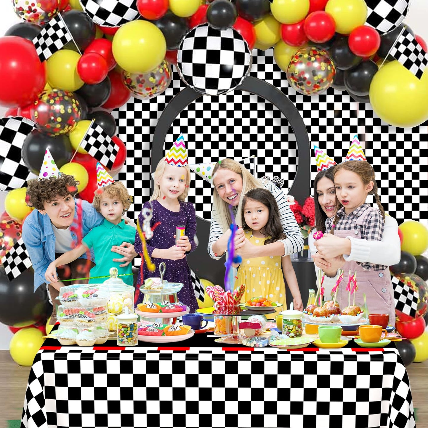 Wnink 2 Pcs Racing Car Theme Tablecloths Car Disposable Plastic Tablecloths Black Checkered Flag Table Covers Racetrack Rectangu