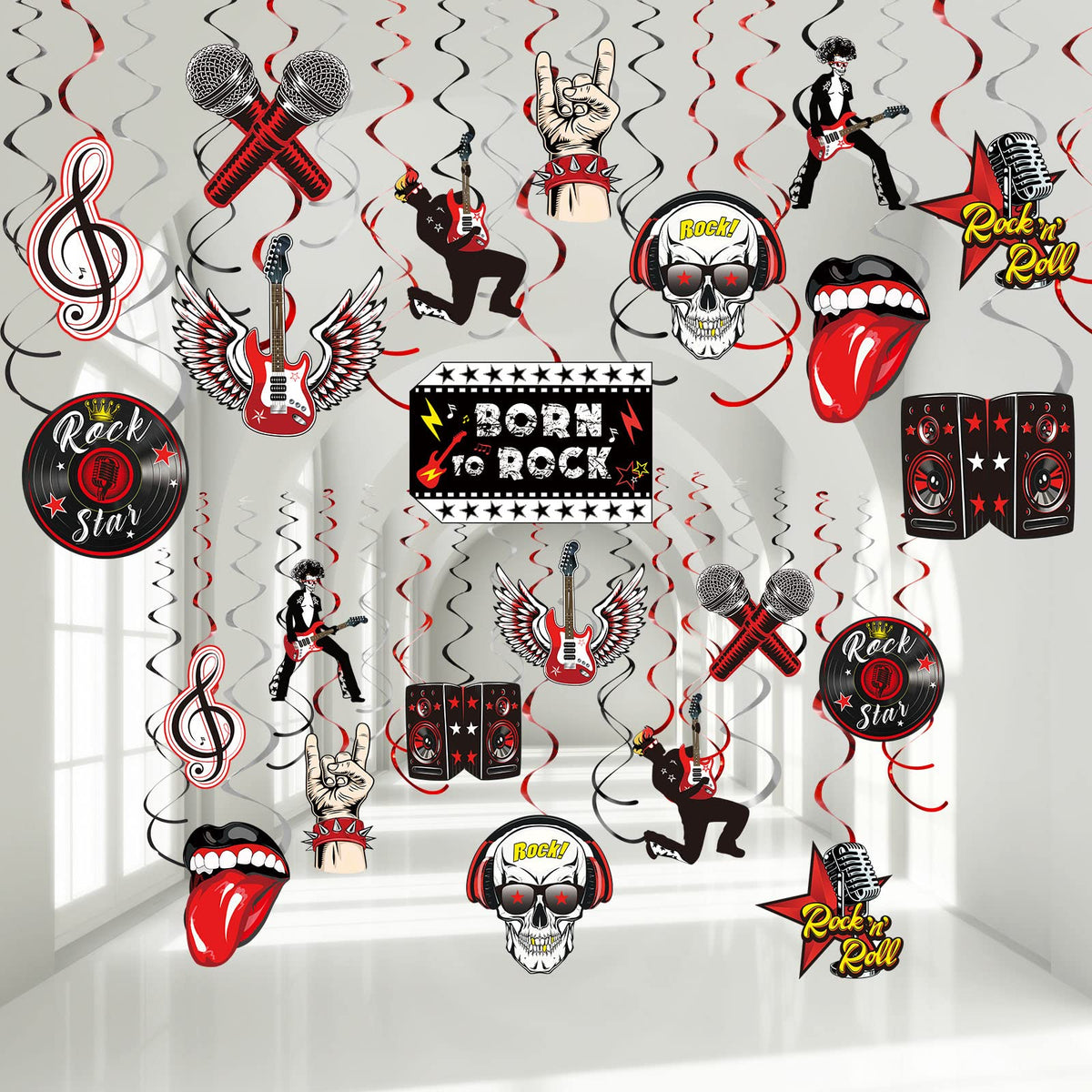 Zonon 53 Pieces Rock and Roll Theme Party Decorations, Guitar Record Sign Rock Star Music Party Hanging Swirls Ceiling Decor for