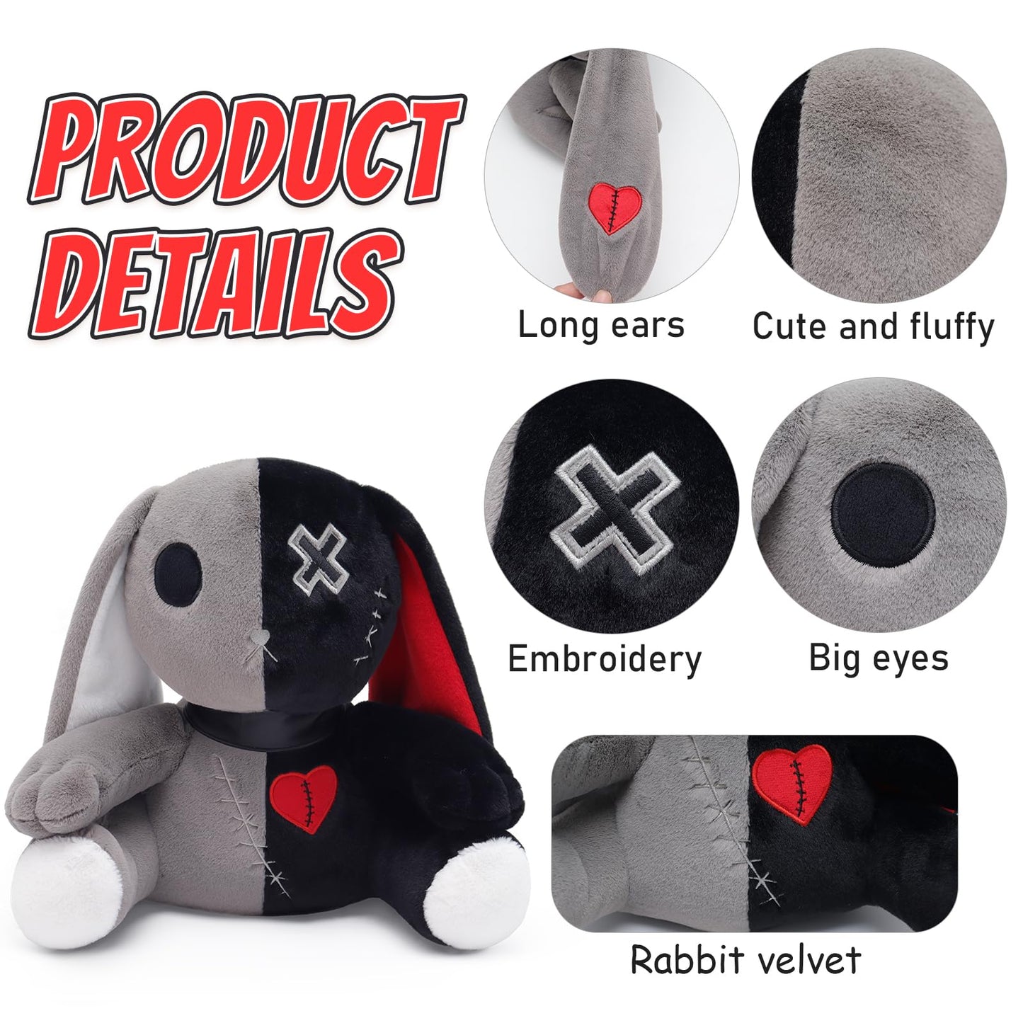 Qleewei Goth Bunny Plush Rabbit Stuffed Animal Horror Plushies Easter Creepy Spooky Bunny Stuffed Animal Crazy Rabbit Plushie To