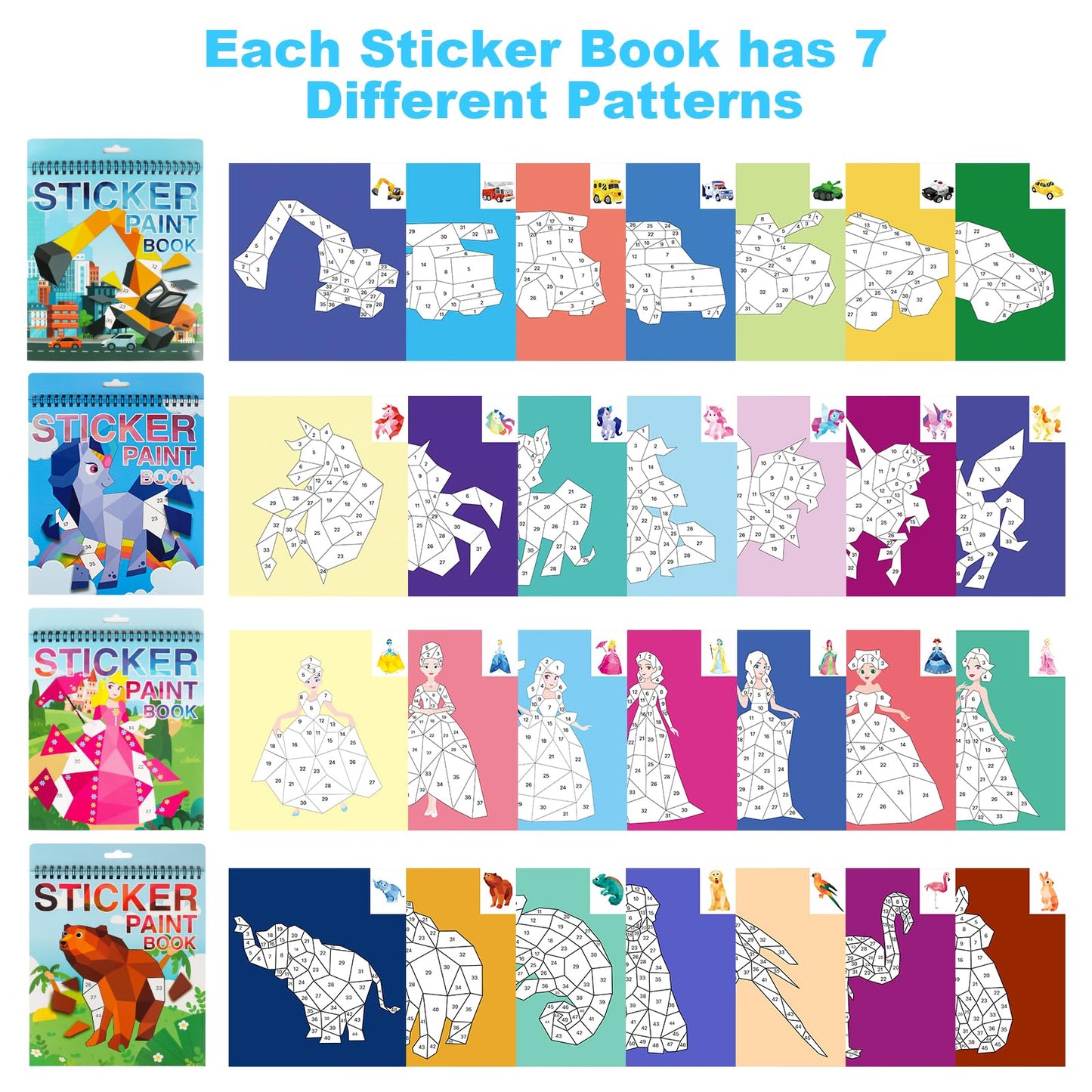 4 Pack Sticker Books For Kids Ages 4-8, Crafts For Kids Ages 4-8 Sticker Paint Books Boys And Girls Birthday Gifts Party Favor, Travel Toys For Toddlers Learning (Princess+Animal+Horse+Vehicle)