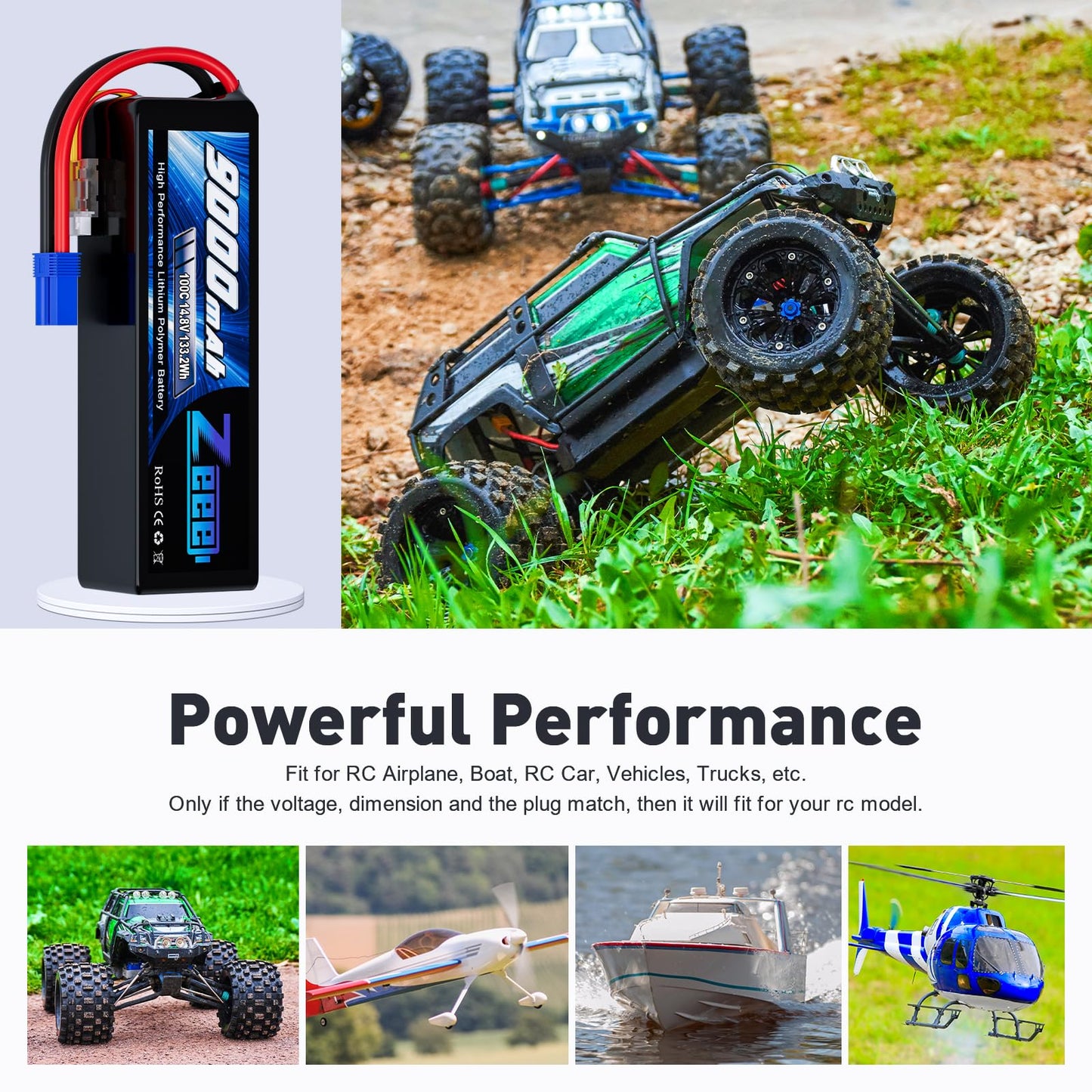 Zeee 4S Lipo Battery 9000mAh 14.8V 100C Soft Case RC Battery EC5 Connector with Metal Plates for RC Car Truck Tank Racing Models