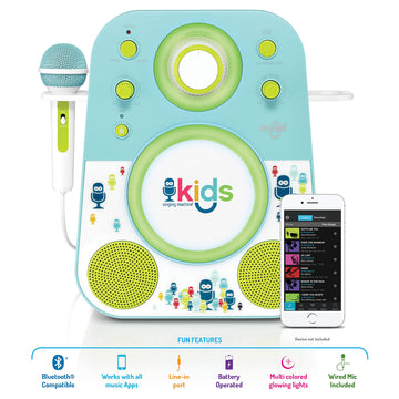 Singing Machine Kids Smk250Bg Mood Led Glowing Bluetooth Sing-Along Speaker With Wired Youth Microphone Doubles As A Night Light