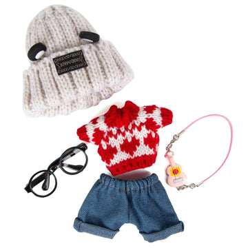 17cm Doll Clothes 5 Pieces - Kawaii Chic Style Set for 17cm Dolls Cute Doll Outfit with Accessories - Grey Bear Ears Hat + Red Sweater + Blue Jeans + Glasses + Small Guitar (NO Doll)