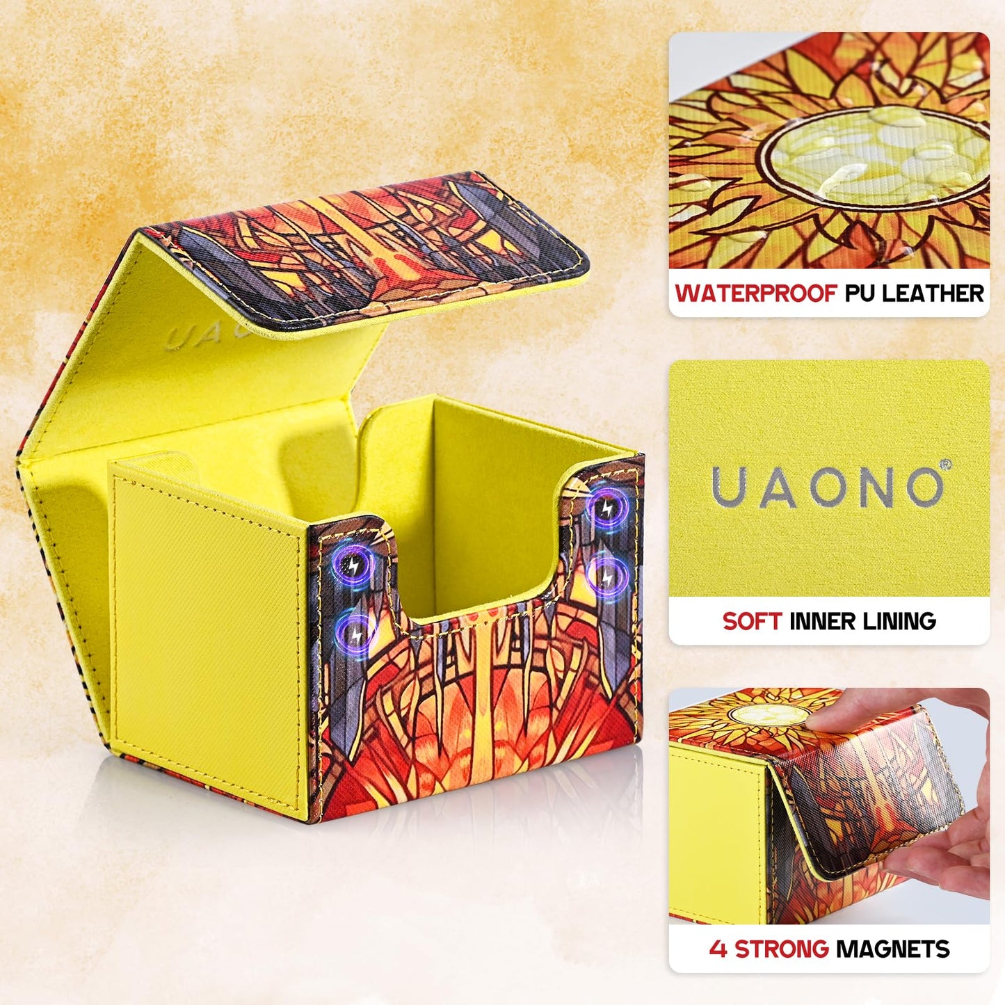 Uaono Deck Box For Mtg Cards, Trading Card Storage Box Holds 120+ Sleeved Commander Deck, Pu Leather Card Box Suits Tcg Magic Cards With 2 Dividers (Yellow,Sun)