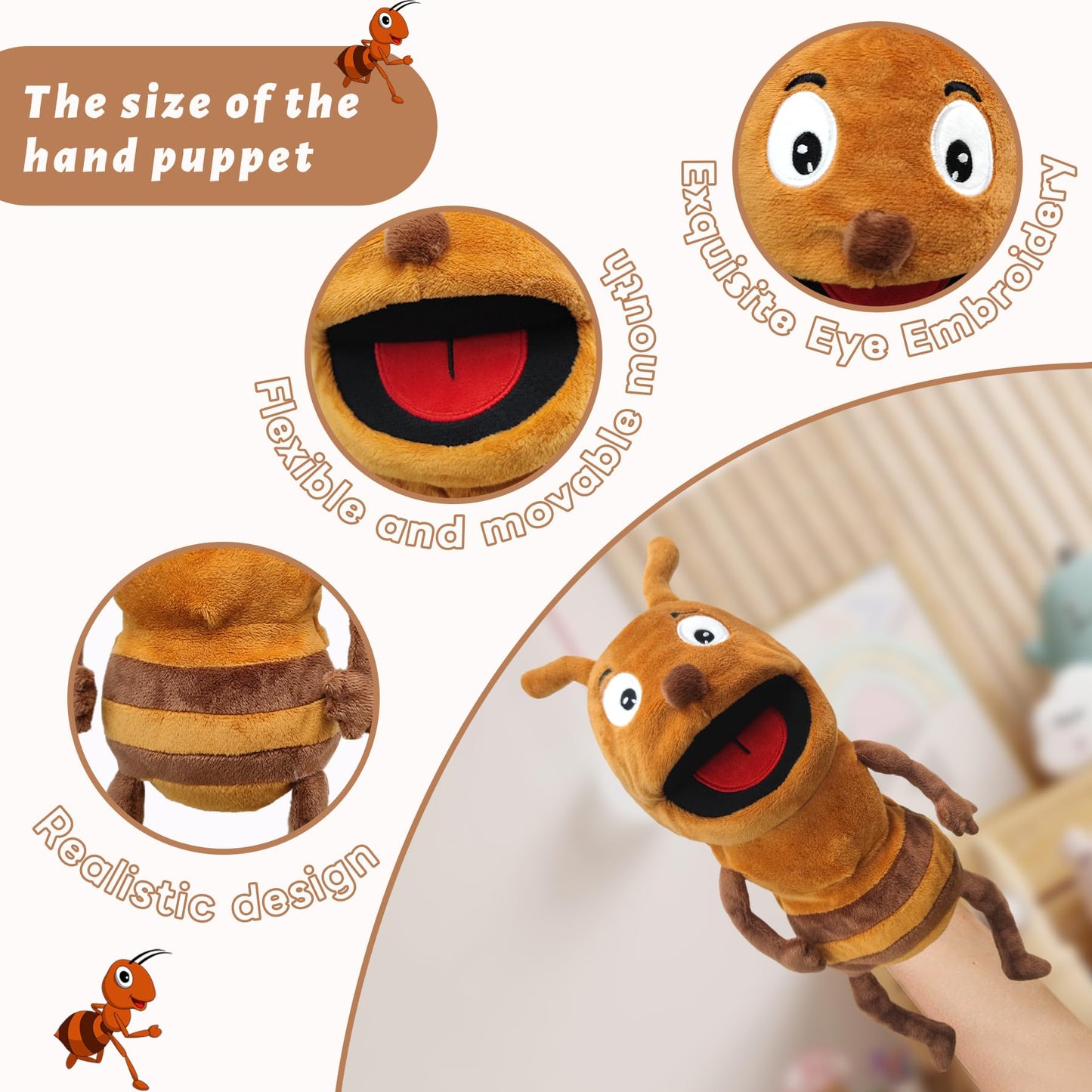 Justqunseen Hand Puppet Realistic Plush 13'' Insect Animal Puppet For Kids With Moveable Mouth, Soft Stuffed Story Toy For Role
