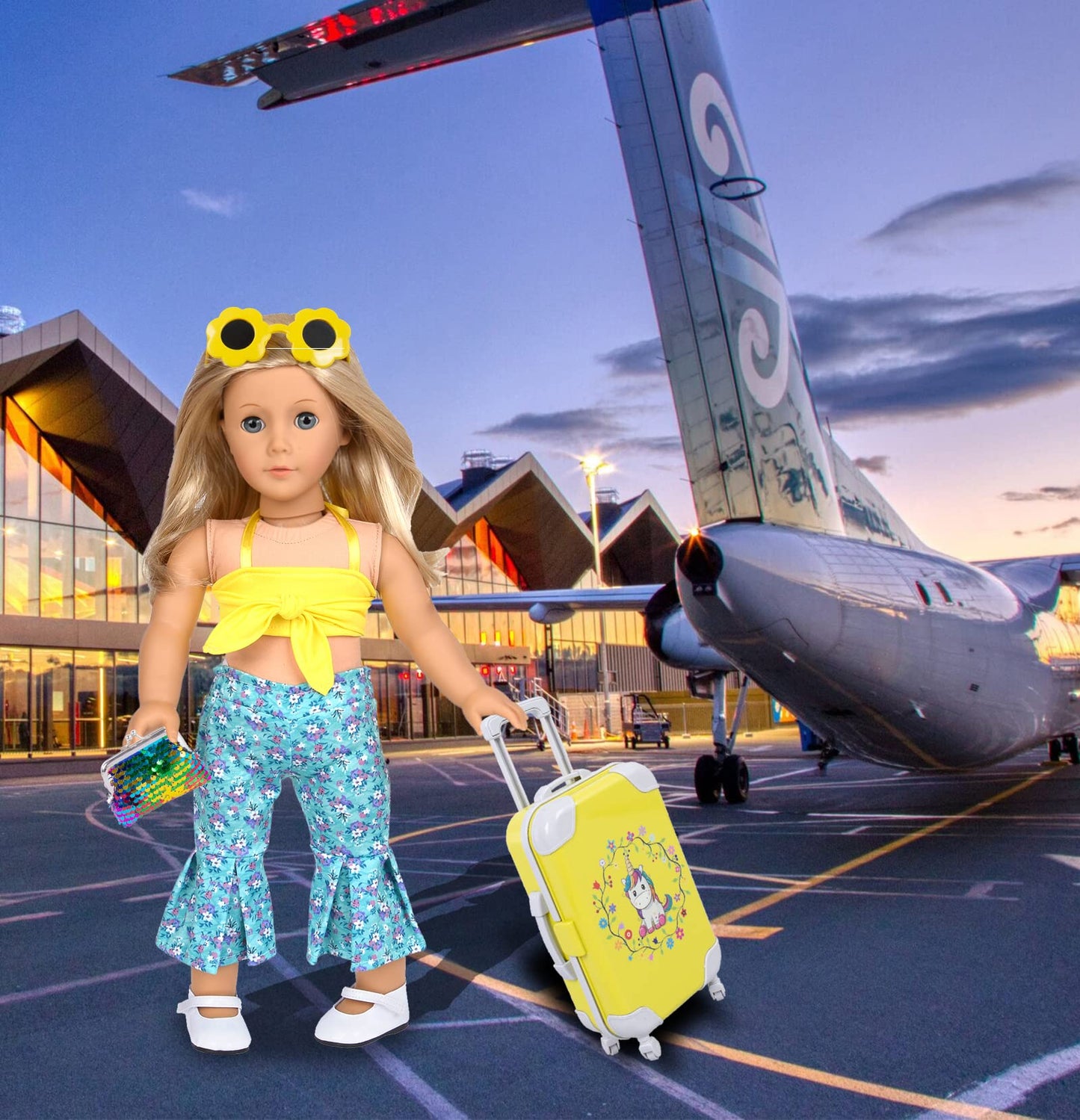 Ebuddy Doll Clothes And Accessories 18 Inch Doll Travel Set With Unicorn Printed Luggage Suitcase Fit For 18 Inch Girl Doll,Most 18 Inch Dolls(No Doll)