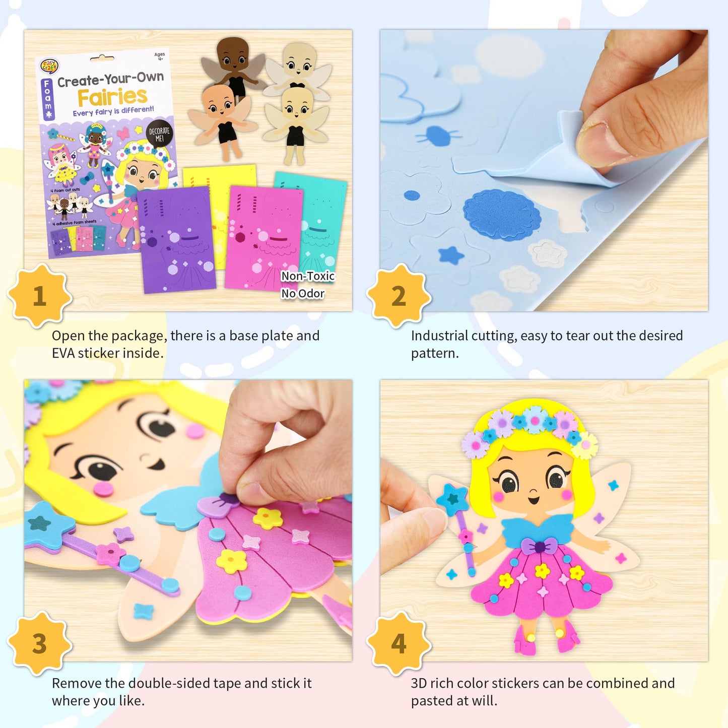 Vkpi 4 Pieces Eva Foam Art Crafts Gift Kit, Creative Make Your Own Fairies, Cartoon Foam Paper Craft Projects For Kids Ages 4+ T