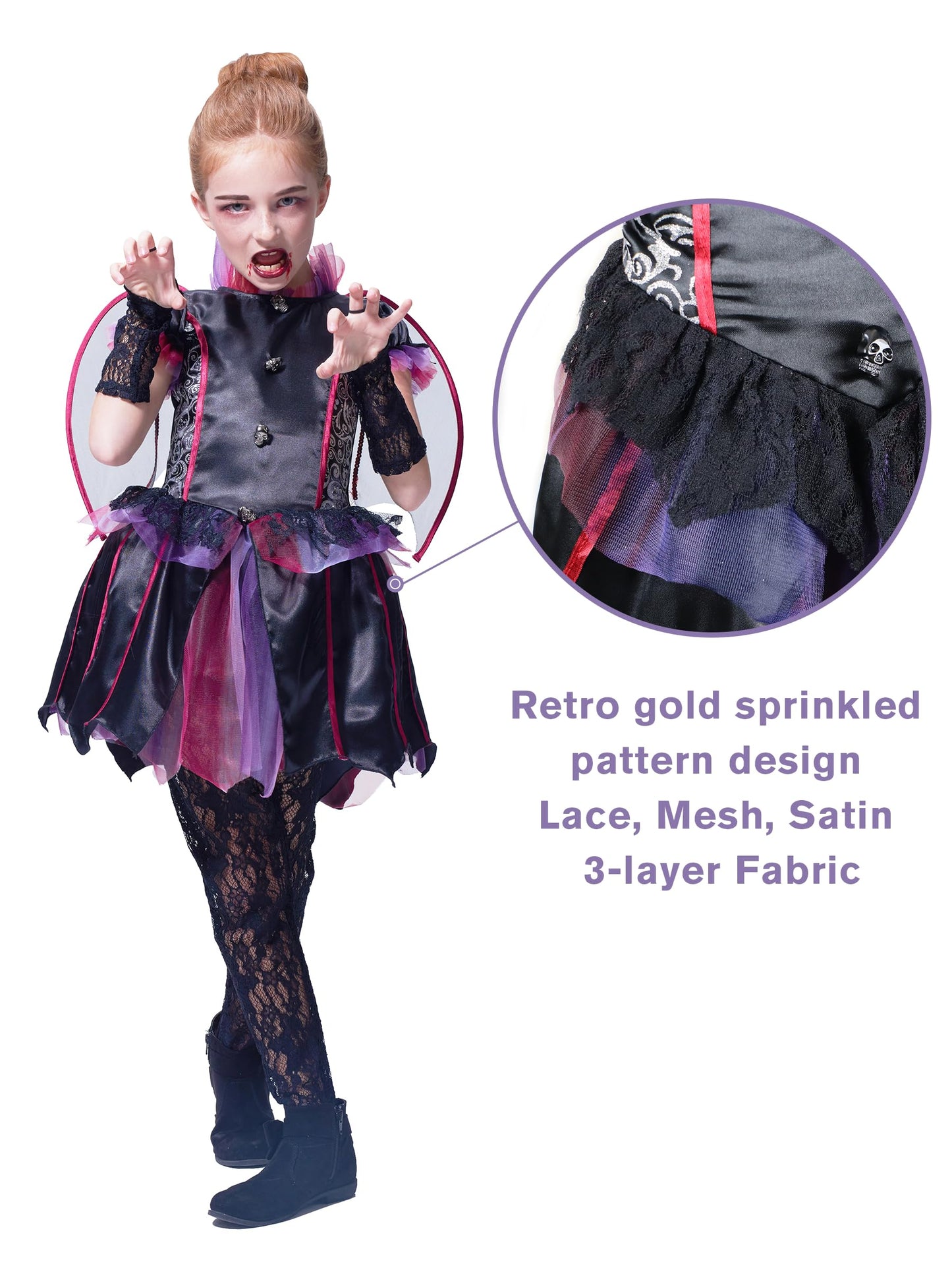 IKALI Halloween Vampire Bat Costume for Girls with Wings,Kids Gothic Darkness Fancy Dress Outfit