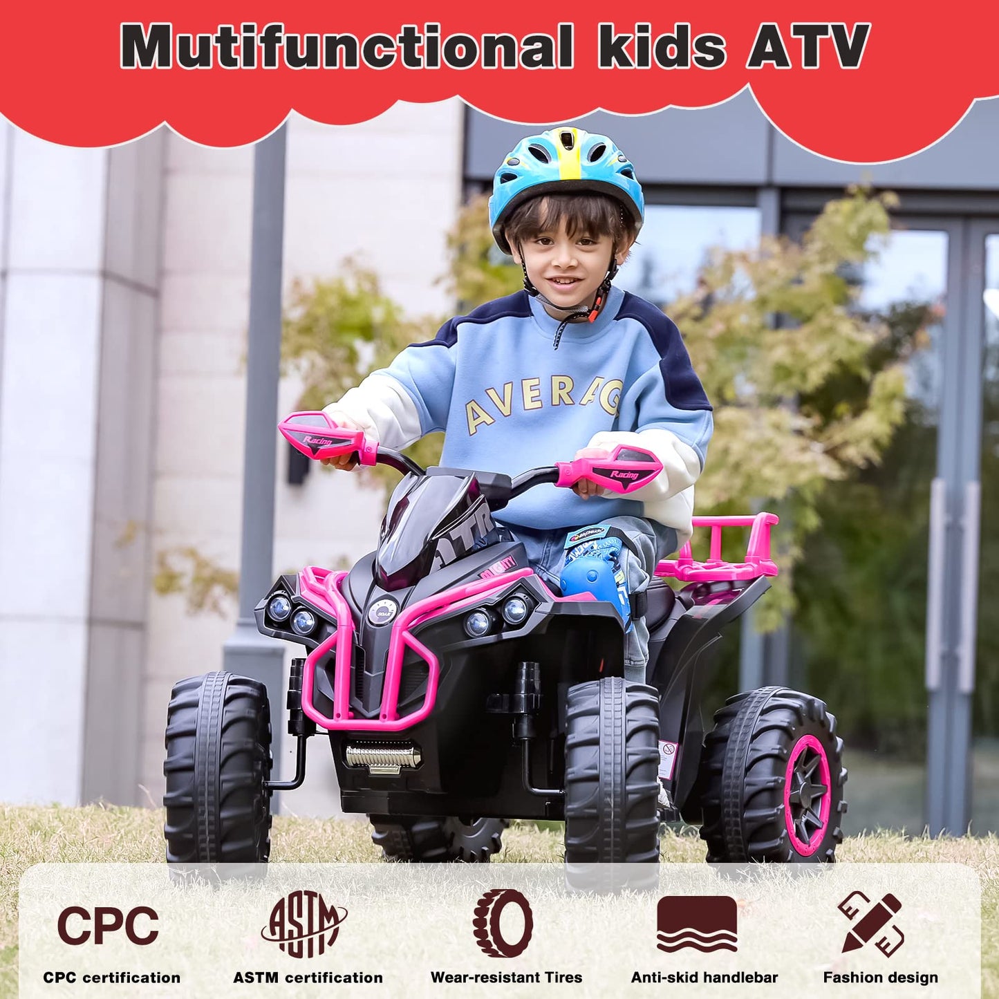 Soar Four Wheeler For Kids - Electirc Toddler 4 Wheeler For Kids 3-6, Ride On Atv 12V Battery Powered, Kids Quad With Led Lights, Music, High Low Speed, Usb/Tf, Treaded Tires, Pink